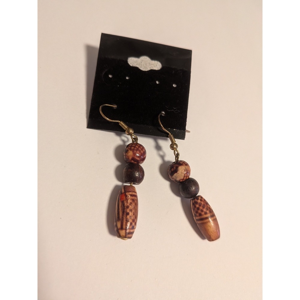 Boho‎ Wooden Bead Drop Earrings Brown Patterned Tribal Dangle Earrings Womens